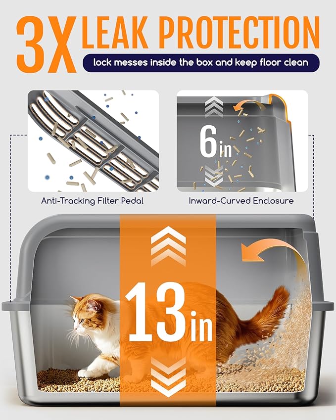 Powools Stainless Steel Cat Litter Box, Metal Litter Box with Scoop, High- Sided, Anti-Leakage Top Entry, Non-Sticky, Easy to Clean, 8-Inch Splash-Proof Deep Pan, Grey, XXL (1 Pack)