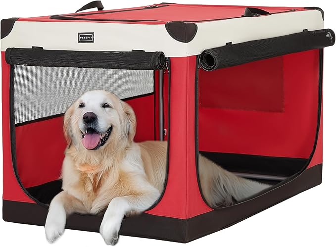 PETSFIT 40" Soft Portable Dog Crate – Patented Spiral Sturdy Frame, Collapsible Travel Kennel for Large Dogs, 3 Mesh Door, Lockable Zippers, Indoor & Car Use Red