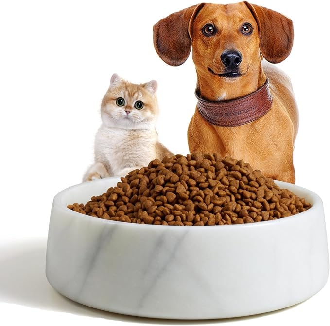 SAMAH White Marble Dog Bowl, Non-Slip Dog Food Water Bowl, Small Weighted Stone Dish, Natural Marble Heavy Pet Bowl, Easy to Clean, Gifts for Cat Lovers, Perfect Cat Dog Gifts, Holds 4 Cups(5 lbs)