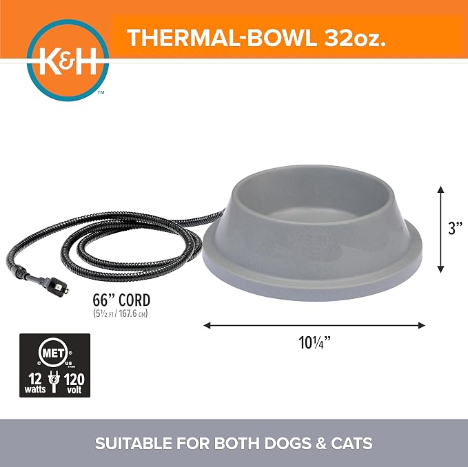 K&H Heated Water Bowl, Thermal-Bowl for Cats & Dogs, Safety Listed 12W | Outdoor Water Stays Unfrozen In Winter. Outdoor Heated Dog Dish for Pets, Automatic No Freeze, Anti Chew Cord, 32 Ounces Gray