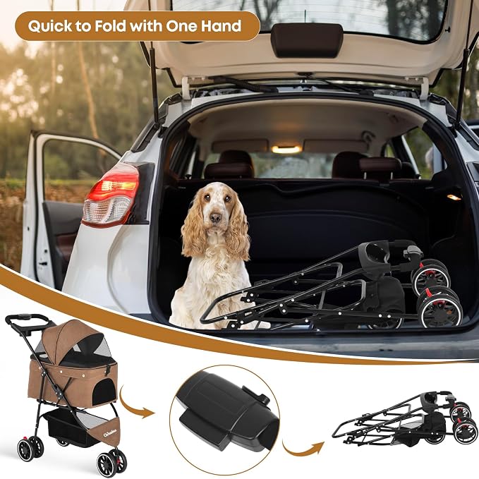 Pet Stroller,Dog Stroller for Small Medium Dogs Cats,3 Wheels,Deep Brown | Foldable,with Breathable Mesh Canopy,Cup Holders,Easy Assembly