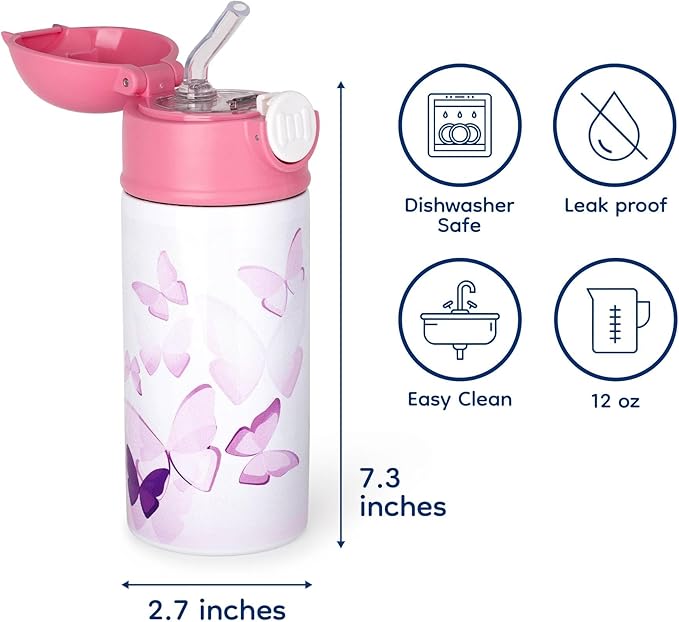 Funny Nature Enthusiast 12oz Kids Pink Bottle – Close-up of a Pacman frog with green and black patterns – School Lunch, Outdoor Adventures