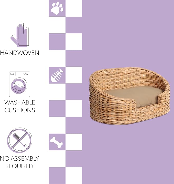 DBD1000B Curvy 28.5" x 17.25" Classic Handwoven Rattan Pet Bed with Machine-Washable Cushion, Light Brown