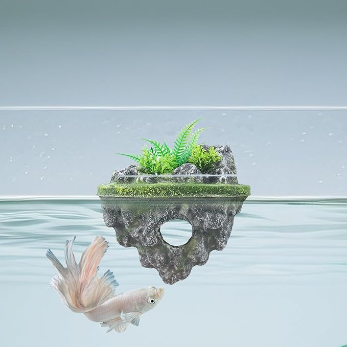 Floating Island Fish Tank Decorations – Aquarium Decor with Hideout Tunnel, Betta Fish and Shrimp Cave, PVC Aquarium Accessory with Artificial Plants