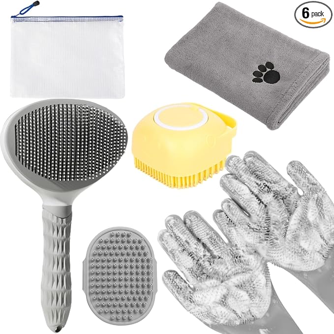 6-in-1 Grey Pet Grooming Kit: Hair Brush, Towel, Washing Gloves, Slicker Brush, and Shampoo Scrubber for Dogs and Cats