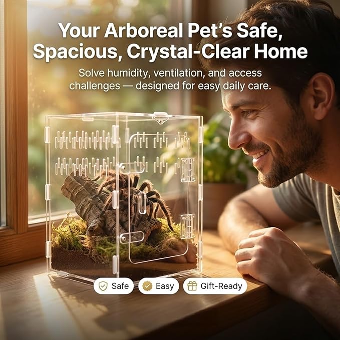 Tarantula Enclosure 8x8x12 Acrylic Terrarium: Front Opening Jumping Spider Enclosure with Door Lock for Crested Gecko Hermit Crab - All-Side Ventilation Arboreal Frog Habitat Gift for Reptile Hobbyist