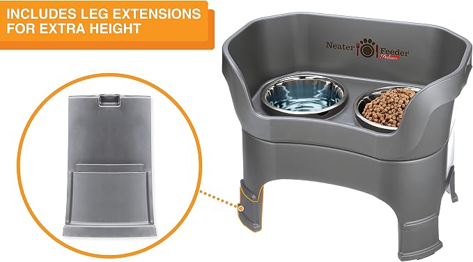Neater Feeder Deluxe Mess-Proof Elevated Dog Bowls for Large Dogs (40+ lbs), 2 Height Adjustable (14.5” & 17.5”) No-Spill Raised Dog Bowl Stand, Stainless Steel Food Bowl Set, Made in USA, Gunmetal