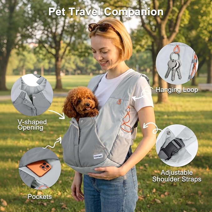 FURTIME Dog Sling Carrier, Puppy Sling for Small Dogs Up to 16 lbs | 2-in-1 Backpack and Shoulder Bag, Hands-Free Pet Carrier with Safety Tether & Adjustable Strap for Outdoors, Grey