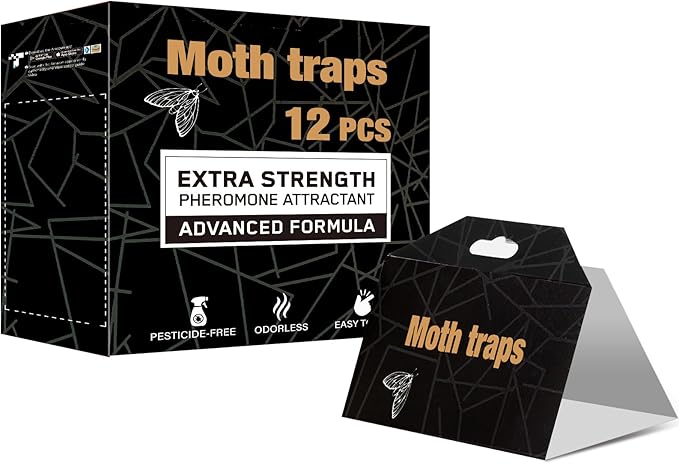 PIMAG Upgraded Moth Traps, Double Potent Pantry & Clothes Traps with Pheromones Prime, No Toxic & Odorless Meal Moth Trap, Organic Sticky Moths Balls Repellent with Lure for Closet, Kitchens-12Pack