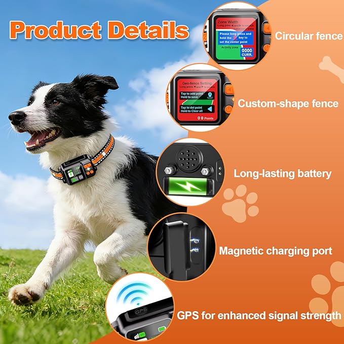 GPS Wireless Dog Fence System, Electric Dog Fence Using GPS Electric Satellite Technology, IPX7 Waterproof Rechargeable Design, GPS Dog Collar Has 2 Modes Circular and Free-Form Fence