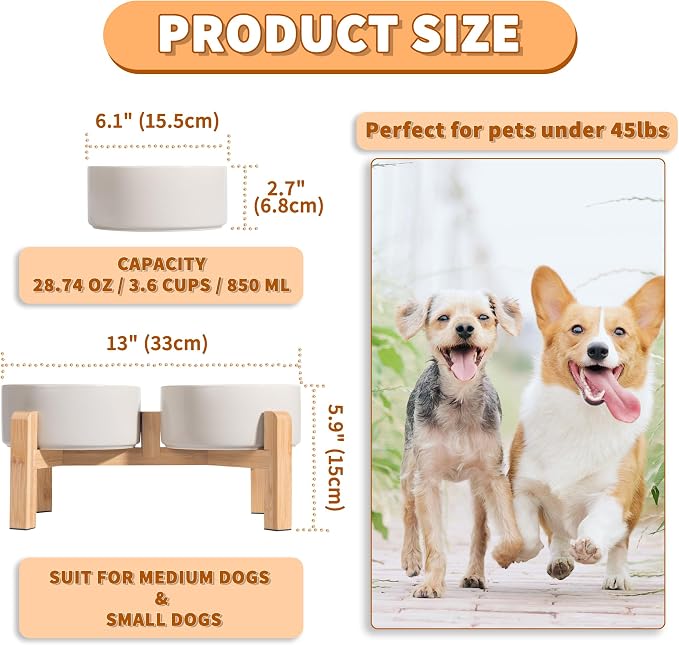 Elevated Ceramic Dog Bowl, 3.6 Cups Dog Food and Water Bowl Set with Stand | 6.1'' Double Dog Feeding Dishes, Non-Slip Raised Dog Feeder for Small and Medium Breeds, 28.74 OZ / 850 ML, White