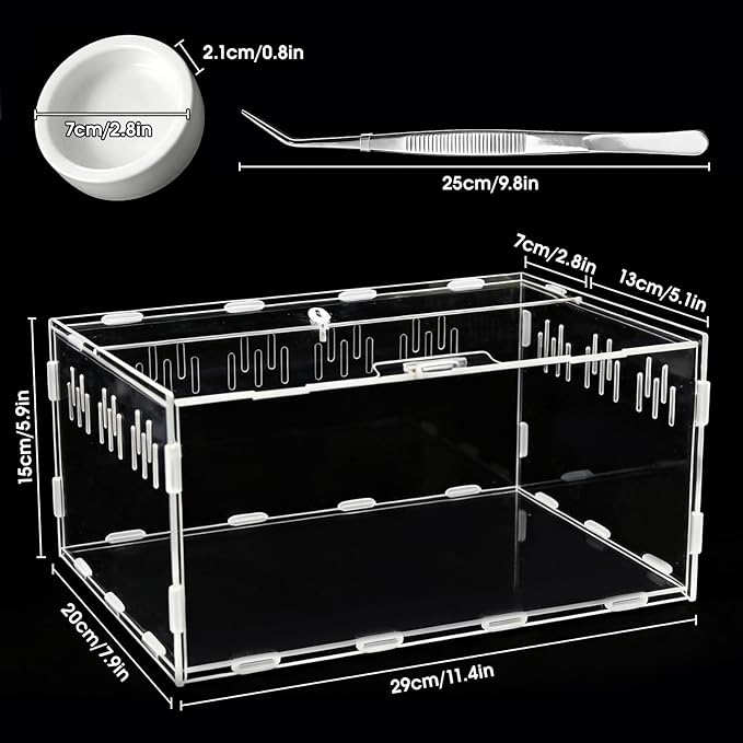 Acrylic Reptile Terrarium, Tarantula Enclosure with Magnetic Door, Easy-Clean Reptile Tank for Spider, Insect, Gecko, Mantis, Frog, Snail, Isopods(Tweezer and Bowl Included)
