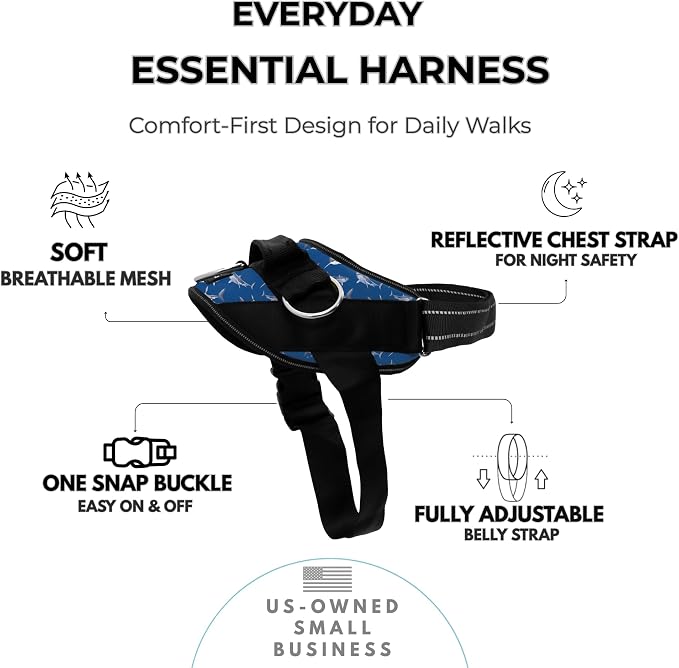 ShawnCo Essential Dog Harness, No-Pull Pet Vest (White Sharks,M) | 3 Leash Clips, Easy On, No-Choke, Reflective, Adjustable Fit, Padded Comfort, Control Handle, For Small, Medium & Large Dogs