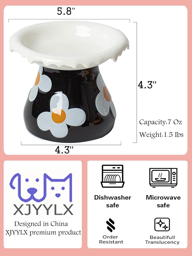 Mushroom Elevated Cat Bowls Ceramic, Cute Cat Bowls Whisker Fatigue | Raised Cat Bowl for Indoor Cats, Raised Dog Bowls Stand for Food and Water, White 5.8" Wide for Adult Cats
