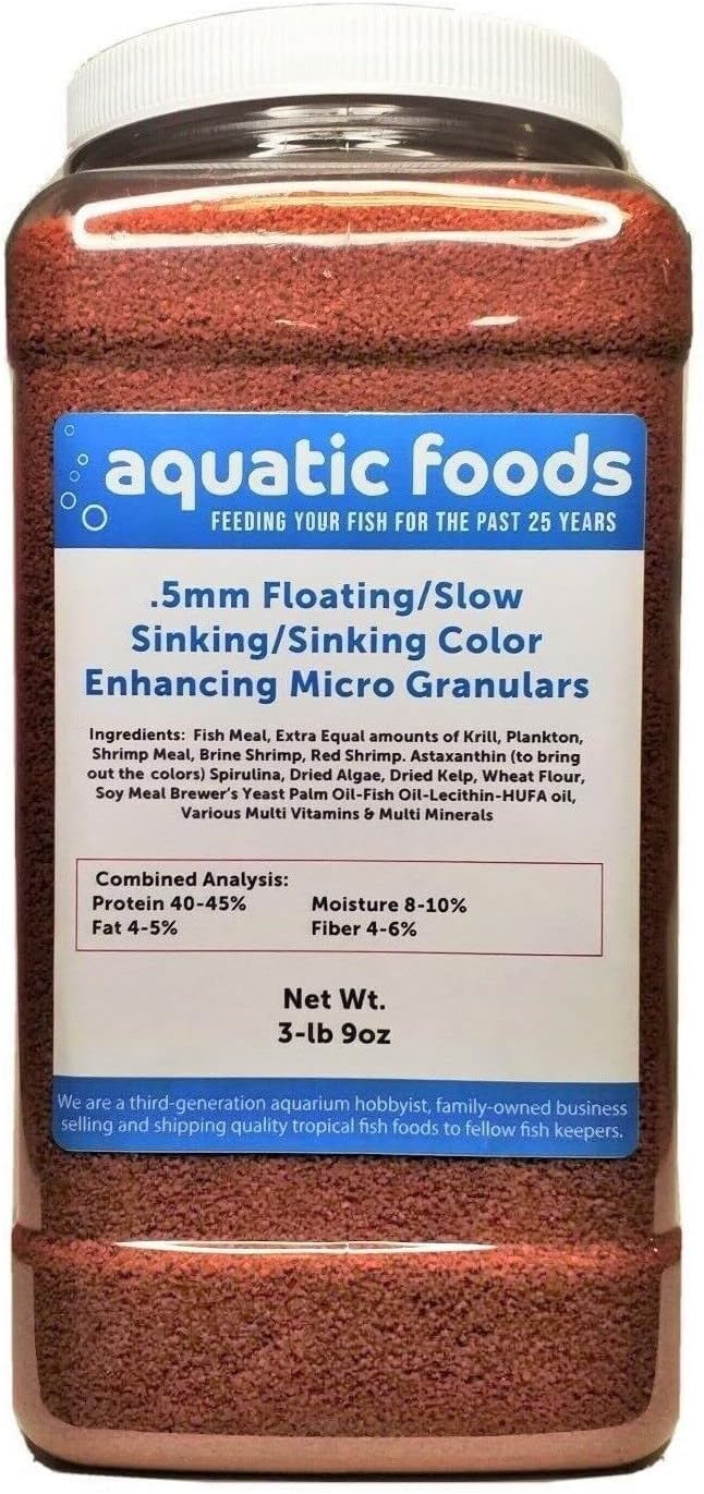 Aquatic Foods Inc. .5mm Floating/Slow Sinking/Sinking Color Enhancing Micro Granules for Discus, Cichlids All Tropicals, Koi and Pond Fish…3-lb & 9oz Lg Jar