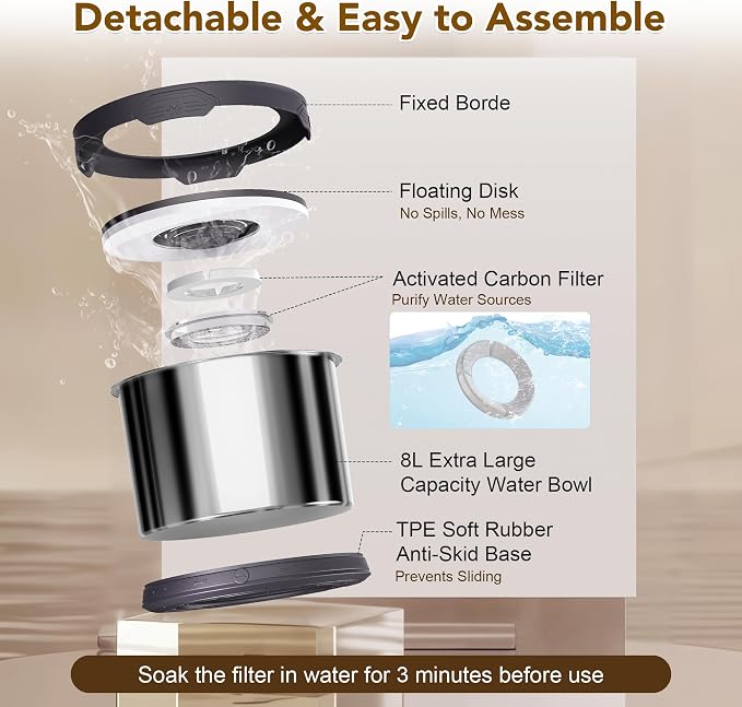 UPSKY 8L Dog Water Bowl No Spill Stainless Steel for Slow Drinking Gray | Large Capacity, Spill-proof, Non-slip Design, Durable, For Large Dogs, Messy Drinkers & Multi-pet Homes, Outdoor / Indoor