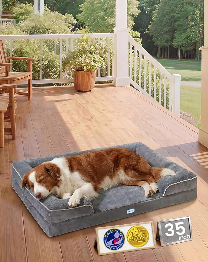 OhGeni Orthopedic Medium Large Dog Bed Sofa, Memory Foam, 35-inch (Gray) | Waterproof Pet Bed with Machine-Washable Removable Cover & Soft Comfortable Fabric