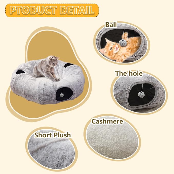 WINDRACING Cat Tunnel Bed for Indoor Cats - Cute Cat Donut Tunnel with Washable Circle Cushion, Round Pet Play Toy for Kitten/Puppy/Rabbit, Grey