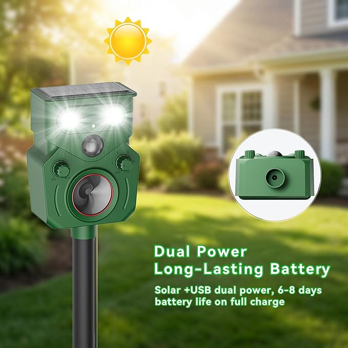 Ultrasonic Animal Repeller Solar Powered Squirrel Repeller Motion Sensor Deer Deterrent Rabbit Cat Dog Control Device with 5 Modes and Flashing Lights Outdoor Yard Lawn Orchard Garden