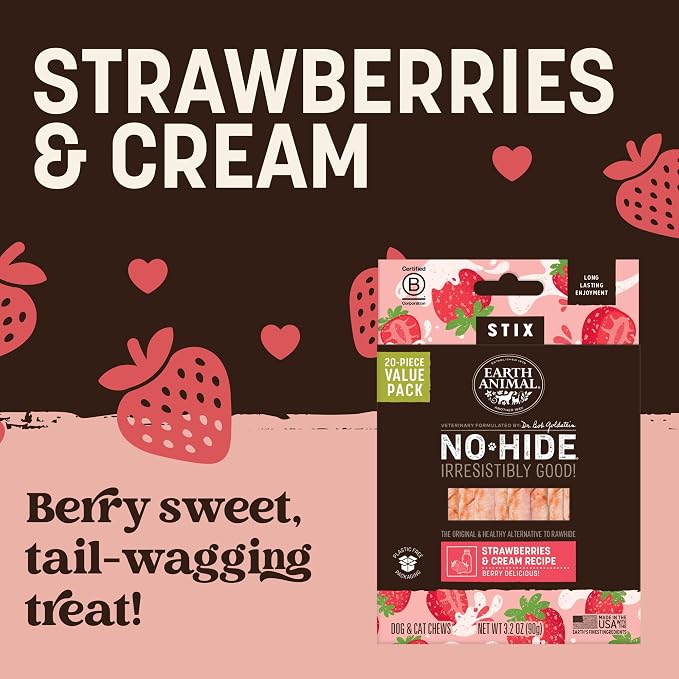 Earth Animal No Hide Stix - Small Dog Chews 20 Count Strawberries & Cream | Small Sticks Strawberries & Cream Flavored Natural Rawhide Free Long Lasting Dog Chews - Treats for Small Dogs and Cats