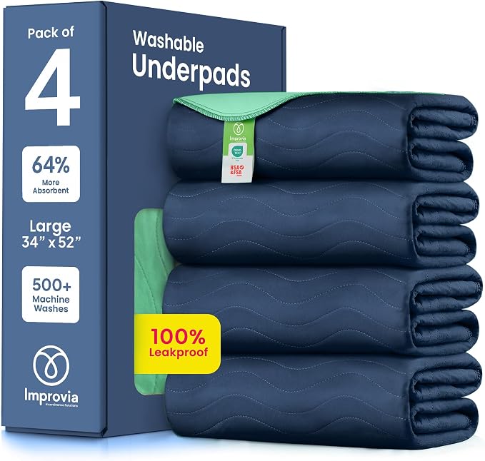 IMPROVIA® Washable Underpads, Heavy Absorbency Reusable Incontinence Pads for Kids, Adults, Elderly, and Pets, Waterproof Protection Floor (Navy, 34"x52" (Pack of 4))