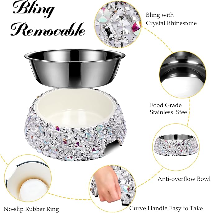 SlowVibes Diamond Stainless Steel Dog Cat Bowl, Detachable, 12 oz | Big rhinestone metal food or water bowl for small dogs and cats, rust-resistant non-slip puppy dish, sparkle pet essential