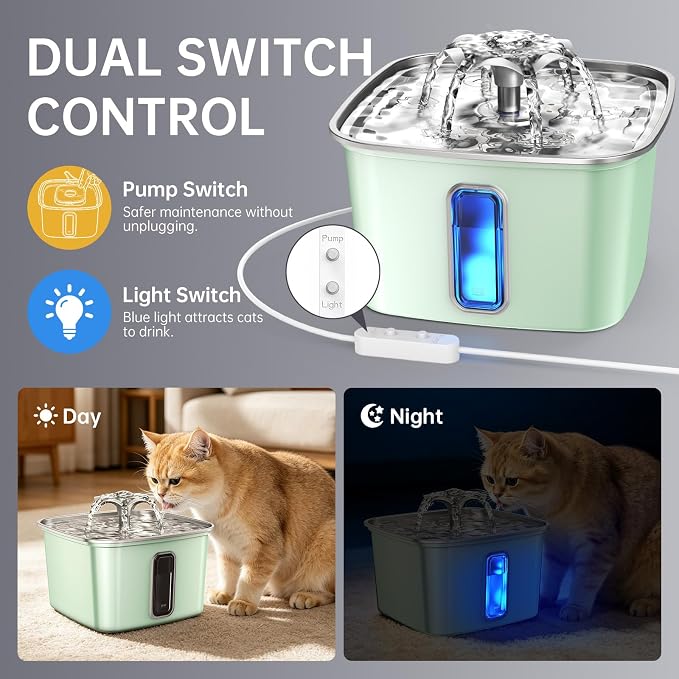 Veken Innovation Award Winner Stainless Steel Cat Water Fountain, 108oz | Automatic Pet Fountain Dog Water Dispenser with Replacement Filters & Silicone Mat for Cats, Dogs (Tea Green)