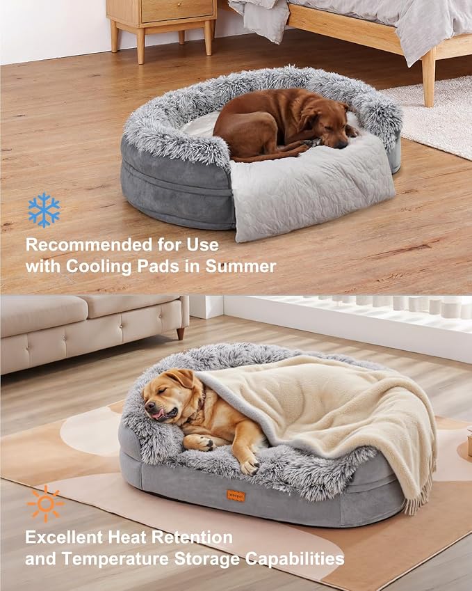iweepet Fluffy Calming Jumbo Orthopedic Dog Beds for Extra Large Dogs, Supportive Dog Sofa Bed with 3.7 inch 28D Egg-Crate Foam, Removable Washable Plush Cover, Waterproof Lining, 48’’,Grey