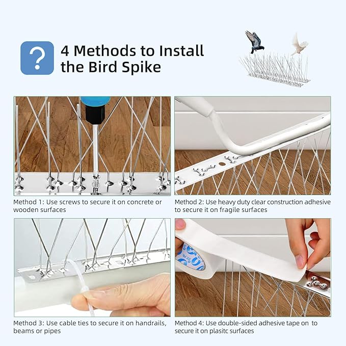 iFealClear 10 Pack Metal Bird Spikes for Keeping Small Birds, Woodpeckers, Squirrel Away, Heavy Duty Pigeon Spikes with Stainless Steel Base Cover 10.86 Feets for Outdoor Wall Fence, Easy to Install