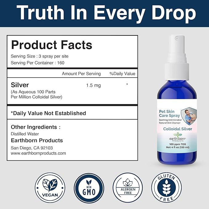 Earthborn Colloidal Silver Spray for Dogs & Cats, Natural Skin Wound Spray for Pets - Soothing Relief for Hot Spots, Burns, Rashes, Cuts, Scratches & Irritations, 4 oz Bottle