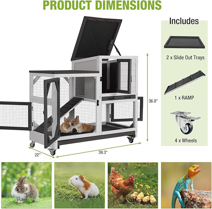 Gutinneen 2-Story Rabbit Hutch Bunny cage with Chew-Proof Ramp, Locking Leak-Proof Trays - Indoor/Outdoor 39.3" Wooden Rabbit Cage with Wheels for Rabbits, Guinea Pigs, Small Animal (Black and White)