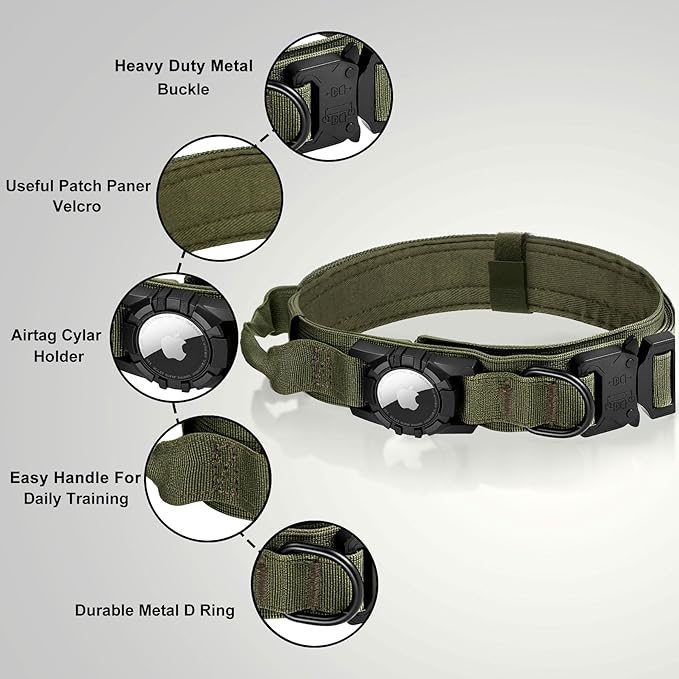 Tactical AirTag Dog Collar Leash Set - Heavy Duty, Adjustable GPS Collar Compatible with Apple AirTag, with Holder & Control Handle for Medium/Large Dogs [ Green, L ]