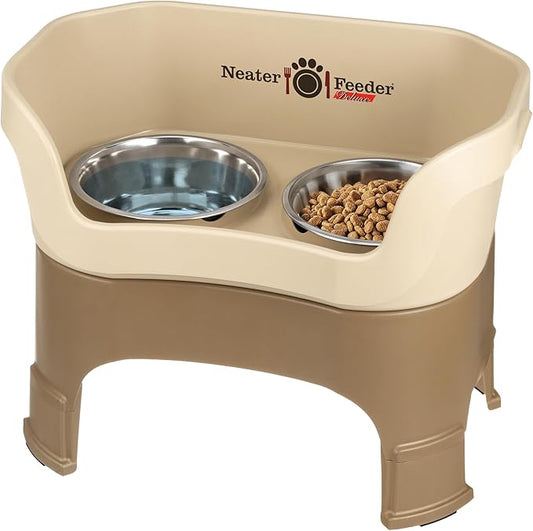 Neater Feeder Deluxe Mess-Proof Elevated Dog Bowls for Large Dogs (40+ lbs), 2 Height Adjustable (14.5” & 17.5”) No-Spill Raised Dog Bowl Stand, Stainless Steel Food Bowl Set, Made in USA, Cappuccino