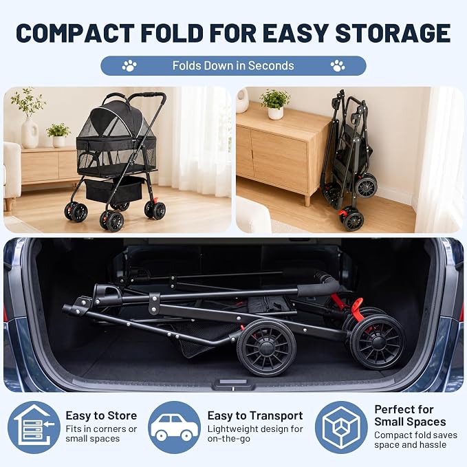 Dog Stroller for Small Dogs, Panoramic Mesh Pet Cat Stroller with Detachable Carrier, Foldable Pet Stroller up to 35 lb, with Safety Tether, Puppy Doggie Stroller for Medium Dogs 20 lbs Black