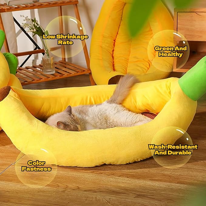 Banana Pet Bed for Small Dogs and Cats, Cozy Enclosed Calming Cave Bed with Removable Plush Cushion for Indoor Kittens Puppies Small Pets (Banana Bed, Large)