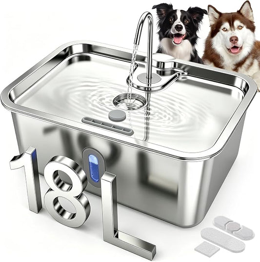Dog Water Fountion for Large Dogs,18L/4.76 Gal Stainless Steel Automatic Pet Water Dispenser,Ultra Quiet Dog Fountain Water Bowl with Water Level Window & LED Light, Include 1Set Filter