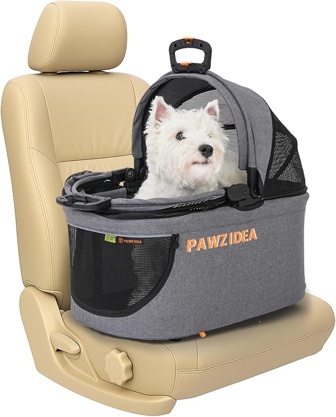 PAWZIDEA Portable Small Dog Crate for Car Travel Up to 33lbs, No-Zip Canopy | Enclosed Dog Car Seat Escape-Proof, Soft-Sided Small Medium Puppy Cats Car Kennel, Foldable Pet Carrier by Seatbelt, Top-Load