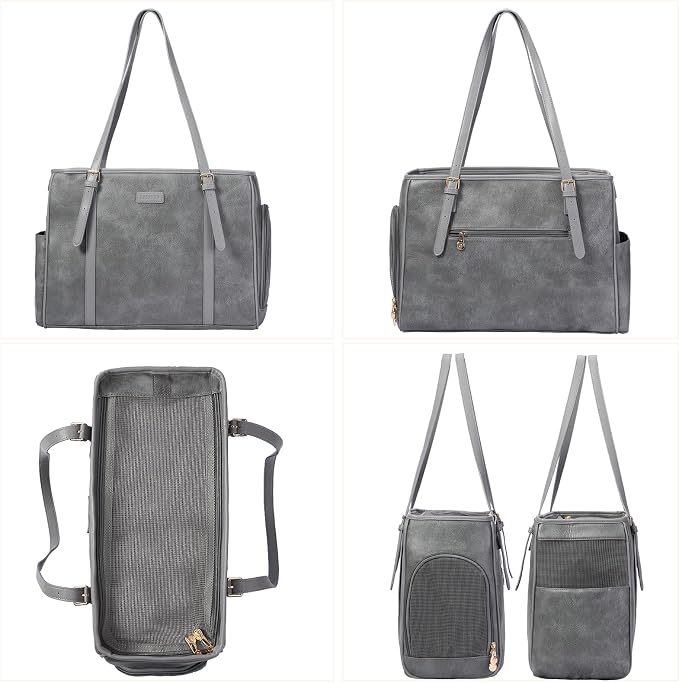 Fashion Dog Purse Pet Carrier Leather Bag for Small Dogs Cats Puppy, Portable Tote Bag Airline Approved Soft-Sided Carriers (Grey)