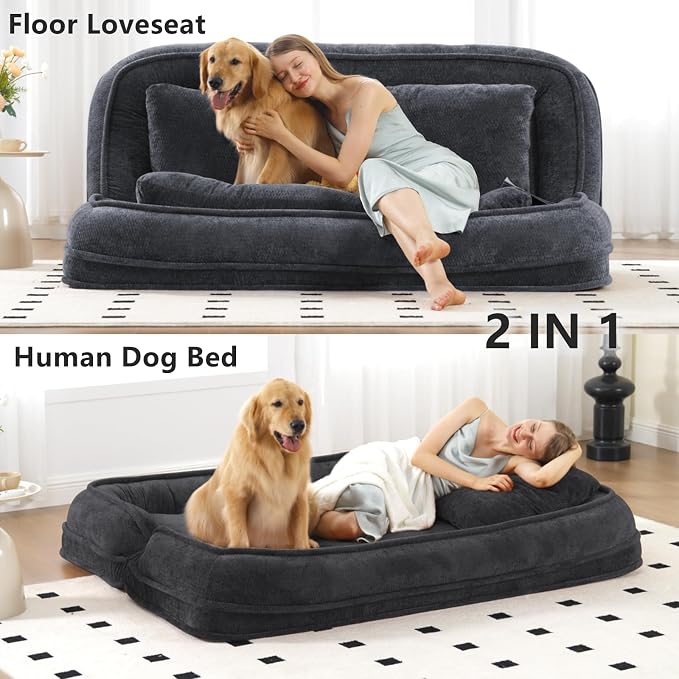 Foldable Lazy Sofa Bed, Double Human Dog Bed for Adults, Dark Gray | Skin-friendly Breathable Soft Chenille Upholstered, 5 Adjustable Backrest Positions, 3 Soft Cushions for Living Room