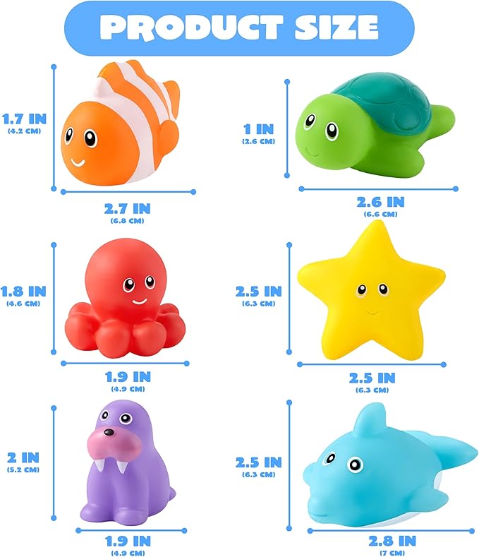 JOYIN 6 Pcs Sea Animal Bath Toys, Sealed & No-Hole & Mold Free Bathtub Toys for Kids, Non-Toxic & Soft Water Vehicles Toys, Squeezable & Float on Water, Bath & Pool Play for Boys and Girls