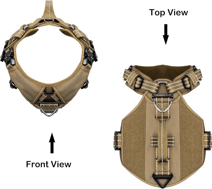ICEFANG Quick-Moving Tactical Dog Harness for Large Dogs,No Pull Dog Vest | Control Handle,Reflective,Full Metal Buckles,Adjustable,Hook-and-Loop Panel,Soft Padded,Brown,Large