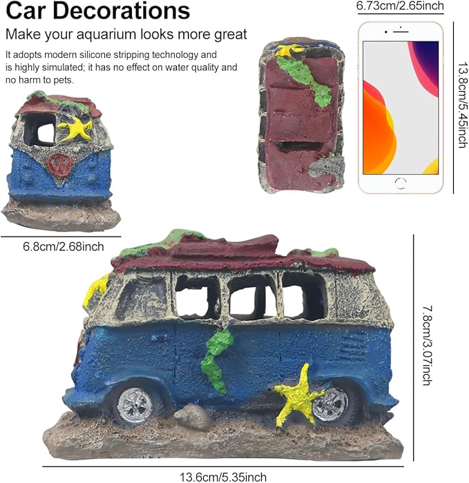 Virekm Aquarium Decor, Aquarium Decorations for Fish Tank - Realistic Resin Rock Cave Hideouts, Safe Fish Tank Ornaments with Natural Design for Betta, Goldfish, Shrimp - Easy to Clean (School Bus)