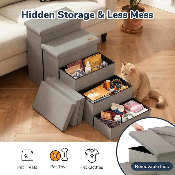 5-Step Wide Dog Stairs with Storage 23" H, Non-Slip Sturdy Pet Steps for High Bed Couch Window, Pet Stairs for Small/Medium/Large Old Dogs Cats Up to 260lbs, Cat Dog Steps for Car/SUV, Grey