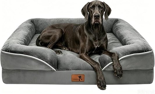 Spotted Play Orthopedic Dog Bed with Sides - Dog Sofa Beds for Extra Large Dogs, Supportive Foam Pet Couch Bed with Washable Removable Cover, Waterproof Lining and Non-Slip Bottom, Grey - XXL