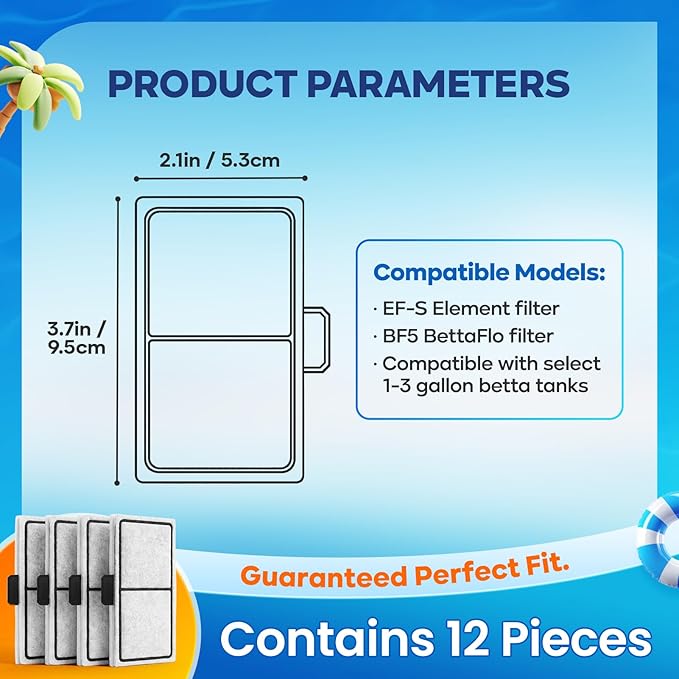 12-Pack EF-S Replacement Filter Cartridges for BF5 BettaFlo Aquarium, Professional Triple Filtration to Keep Water Crystal Clear & Fish Healthy, High-Density Activated Carbon Refills for Fish Tank