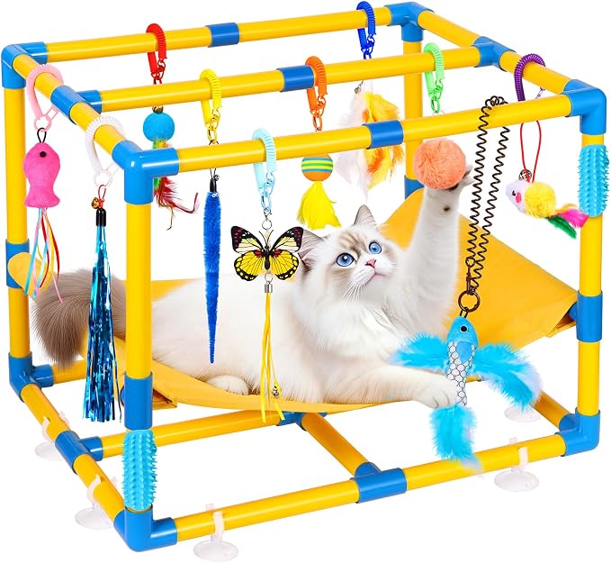 Cat Jungle Gym With Hanging Interactive Toys, Hammock Cat Activity Center | With Cat Self Groomer, Removable PVC Frame With Colored Spring Rope, Cat Enrichment Toys For Bored Indoor Adult Cats, Kittens