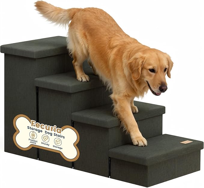 4-Step Wide Dog Stairs with Storage 23" H, Non-Slip Sturdy Pet Steps for High Bed Couch Window, Pet Stairs for Small/Medium/Large Old Dogs Cats Up to 220lbs, Cat Dog Steps for Car, Grey Green