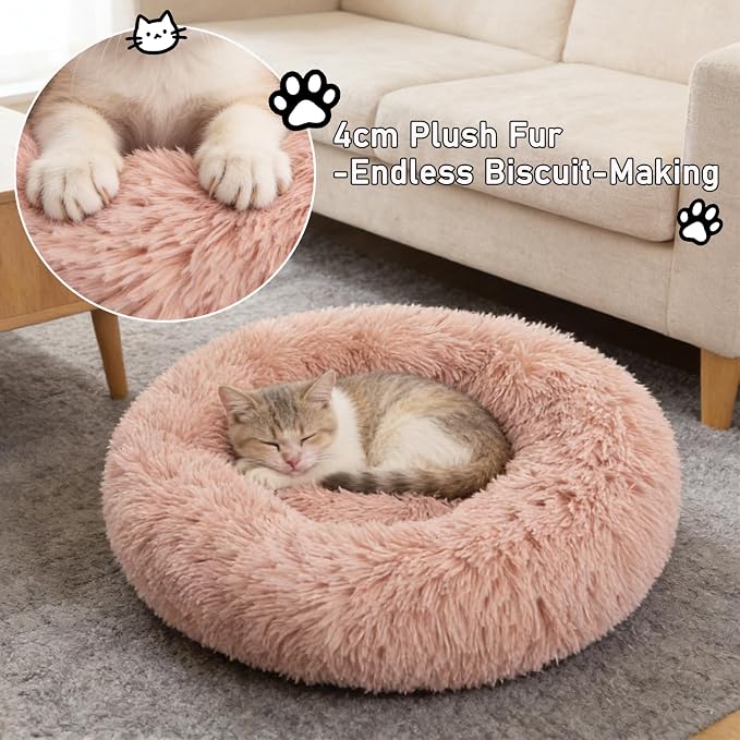 Calming Donut Dog Beds for Small Dogs Cats - Washable Removable Cover Non-Slip Bottom, Round Pet Bed Puppy Bed Warming Fluffy Faux Fur Anti-Anxiety, Fits up to 25 lbs (Blush, 23")