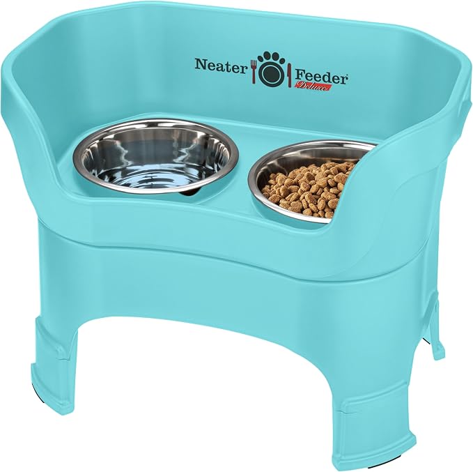 Neater Feeder Deluxe Mess-Proof Elevated Dog Bowls for Large Dogs (40+ lbs), 2 Height Adjustable (14.5” & 17.5”) No-Spill Raised Dog Bowl Stand, Stainless Steel Food Bowl Set, Made in USA, Aquamarine