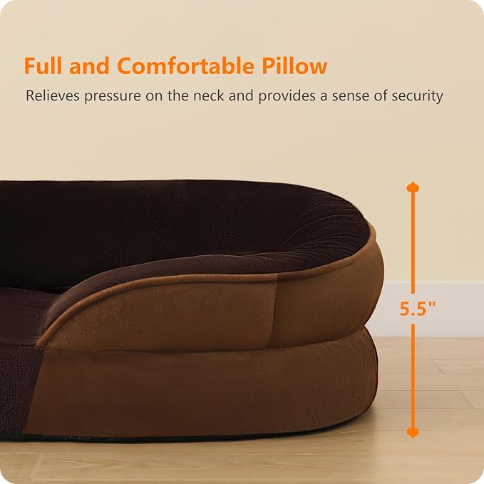 Dwanton Orthopedic Dog Bed for Medium Dogs with Gel Memory Foam, Waterproof Dog Sofa, Washable Pet Bed with Four Sided Bolster Cushion, Removable Cover & Non-Slip Bottom, 28", Brown